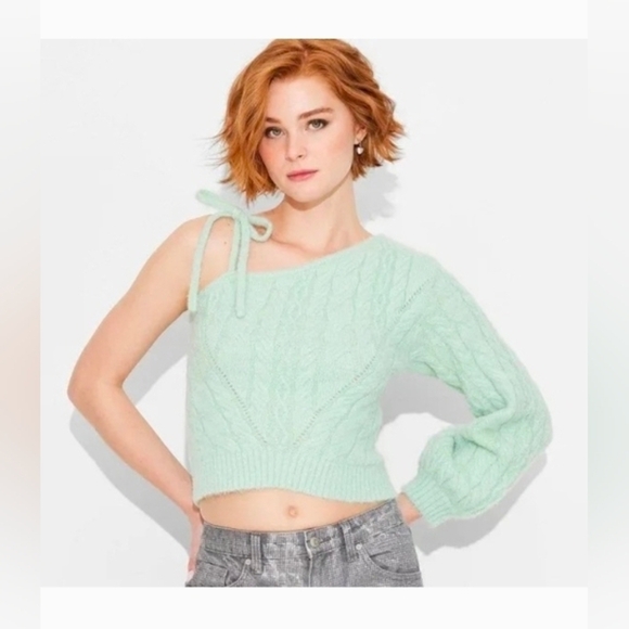 wild fable Sweaters - Wild Fable Women's One Shoulder Tie Cable Pullover Sweater Mint Green